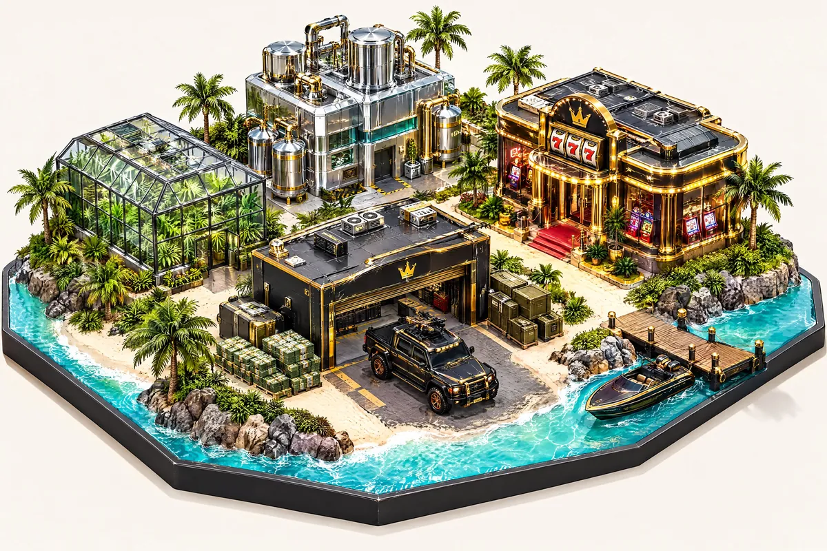 A die-cast diorama of a hideout compound: greenhouse, lab, casino and garage on a small island
