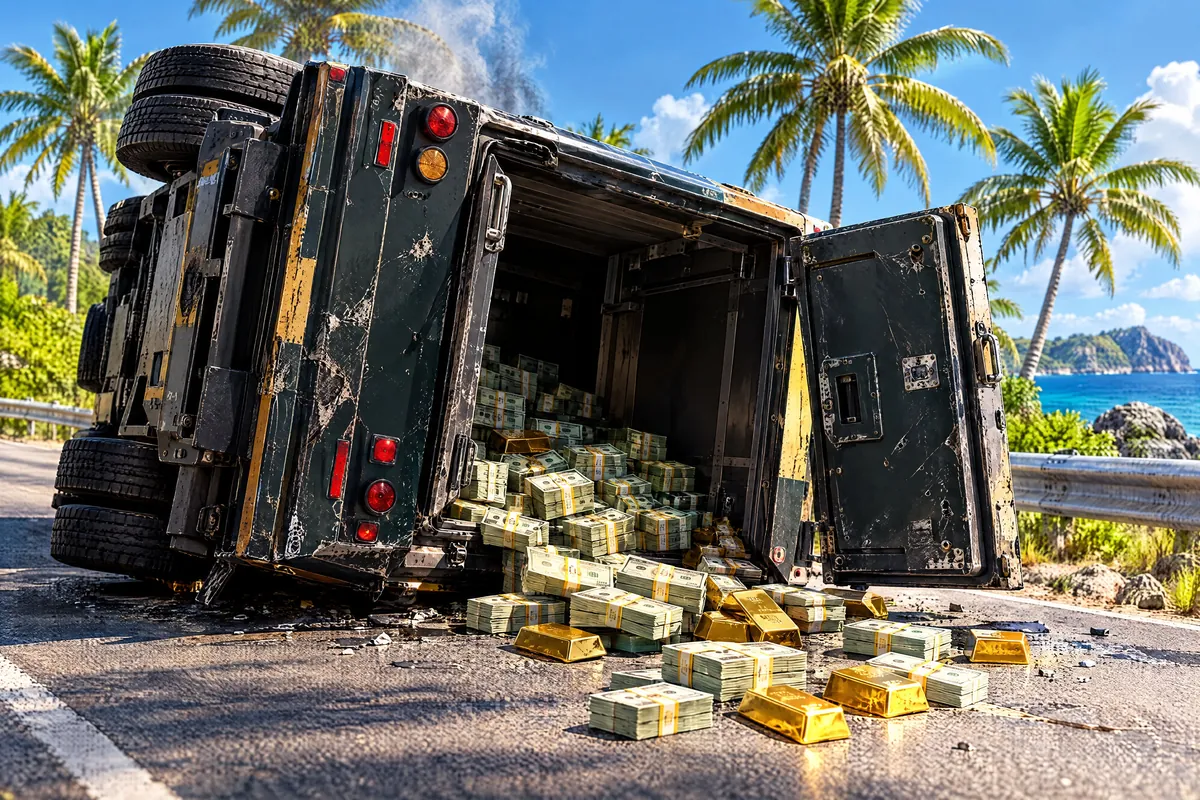 An armored cash truck lies on its side on an island road, doors blown open, cash and gold spilling out