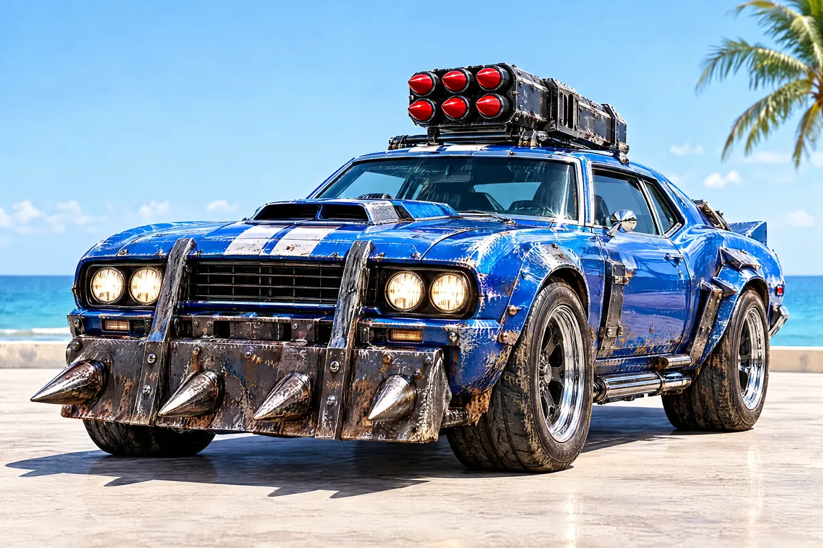 A blue armed muscle car with a roof rocket pod and a spiked plow, parked by the sea
