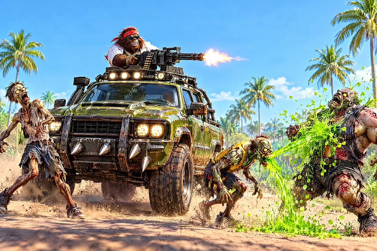 An armed pickup with a roof machine gun drives through cartoon zombies that burst into green goo